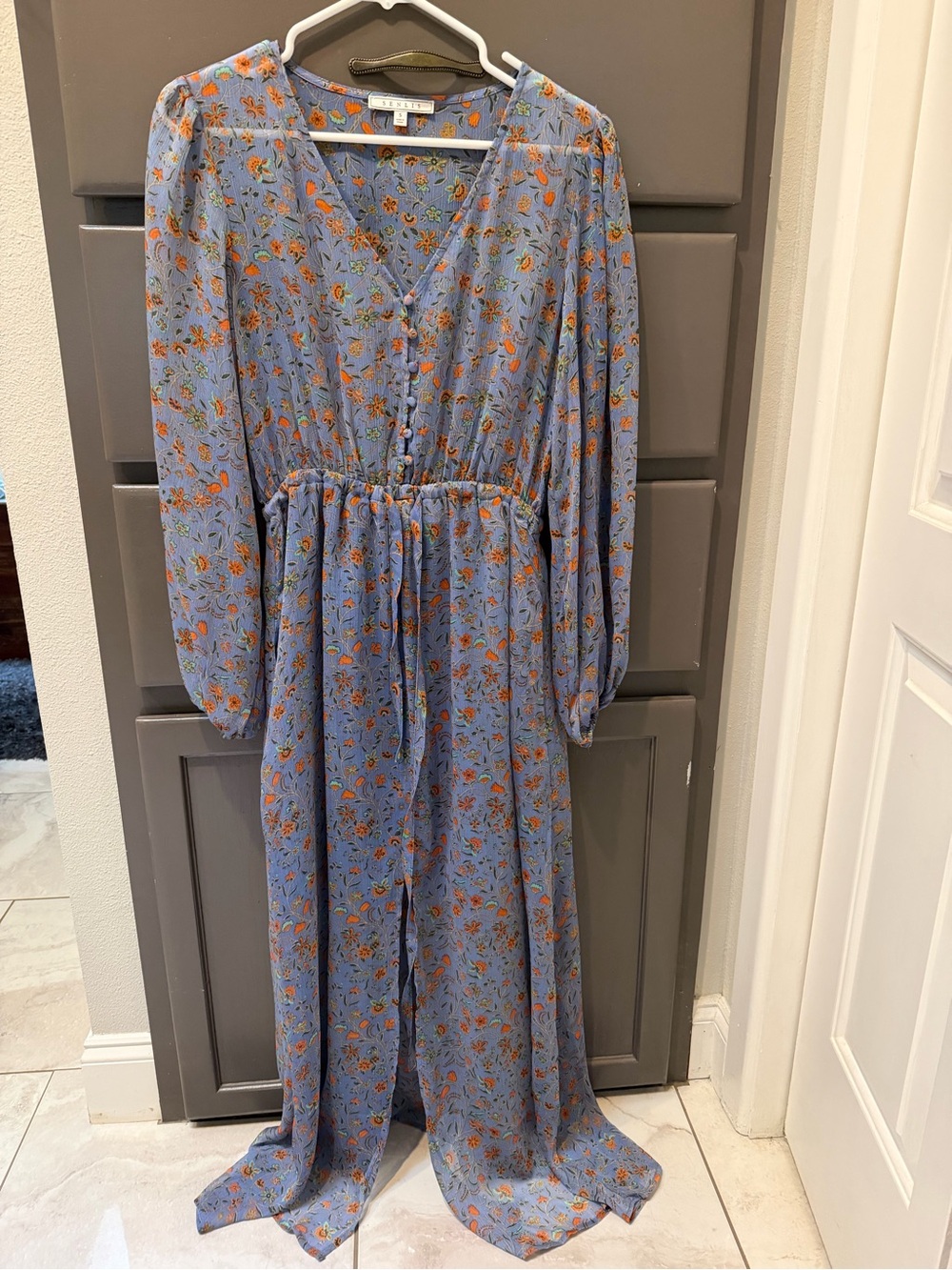 Blue Floral Maxi Dress with Button Front